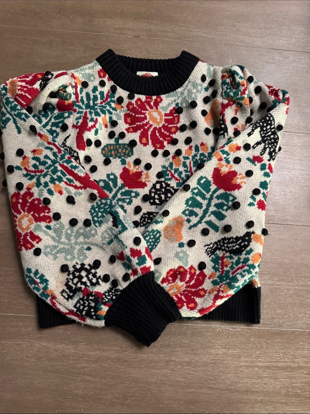 FARM Rio Cream Floral Pom-Pom Crewneck Sweater with Black Trim